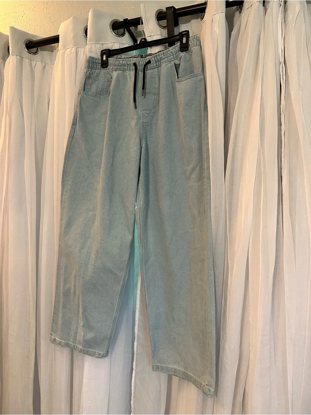 Volcom Men’s Light Wash Denim Wide-Leg Lounge Pants with Pockets and Drawstring